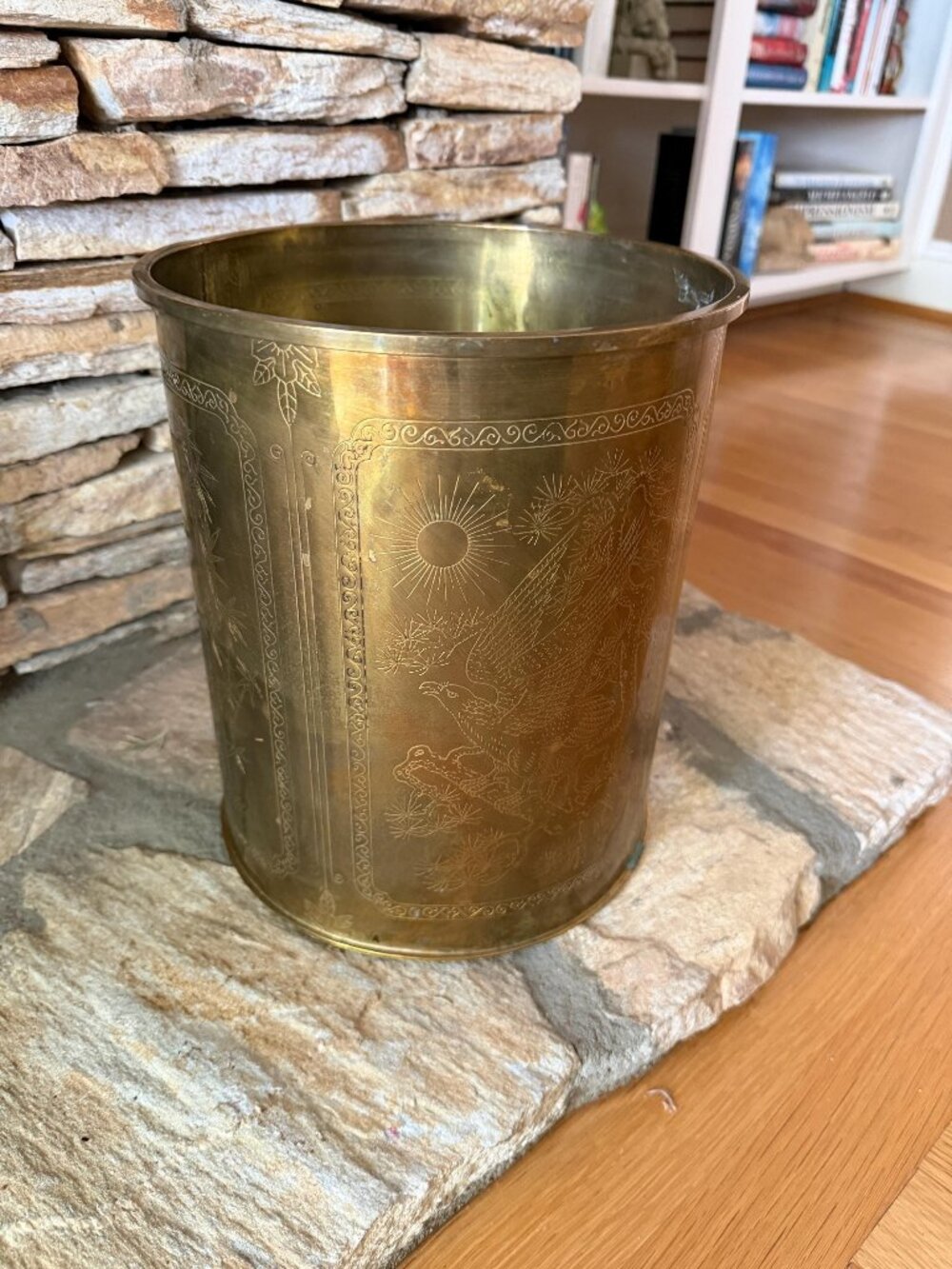 Vintage Chinoiserie Etched Brass Waste Basket Planter Hollywood Regency